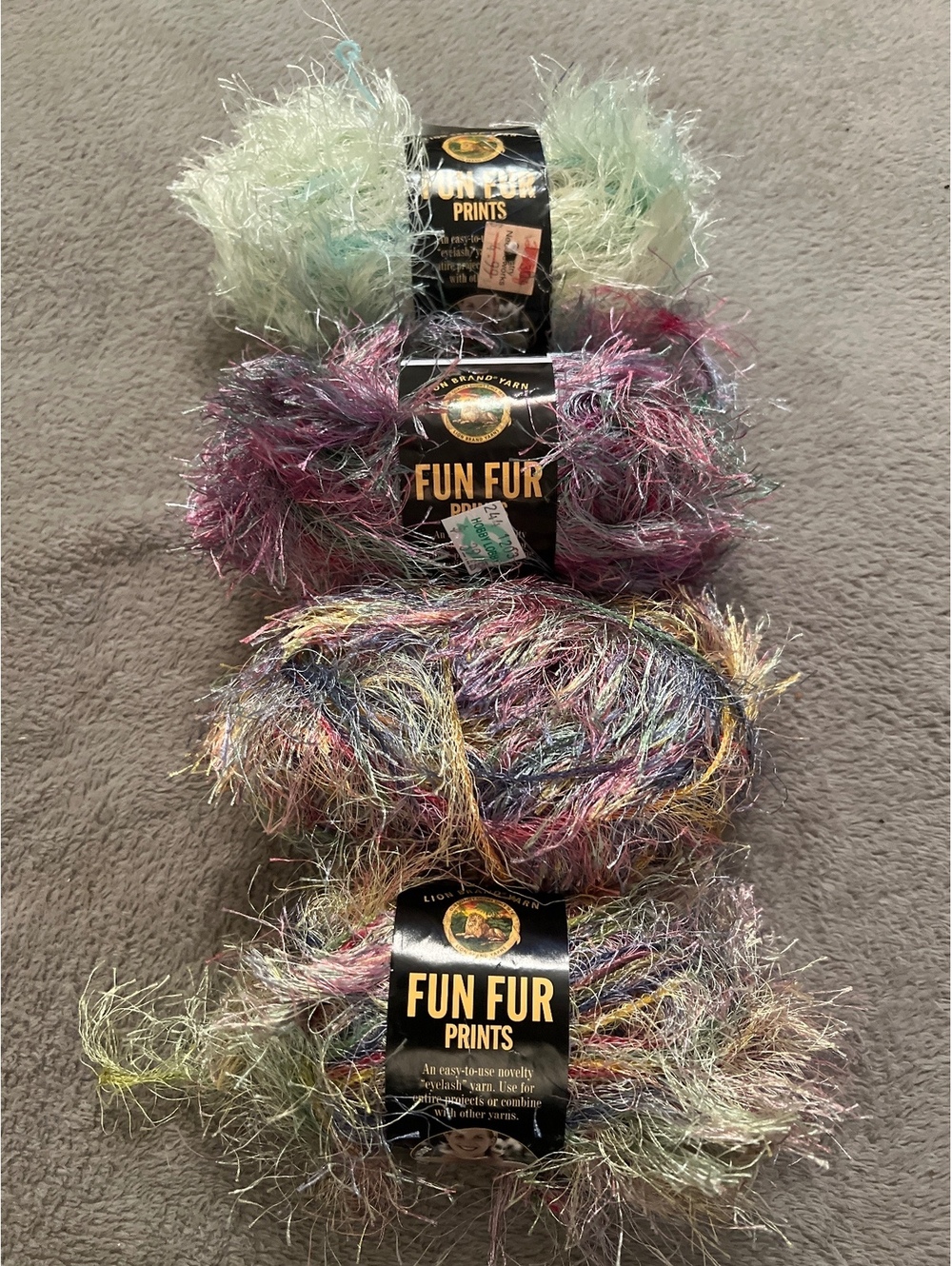 4 lot Lion Brand Fur Prints Eyelash Yarn Bundle - Confetti, Tropical, Sherbet